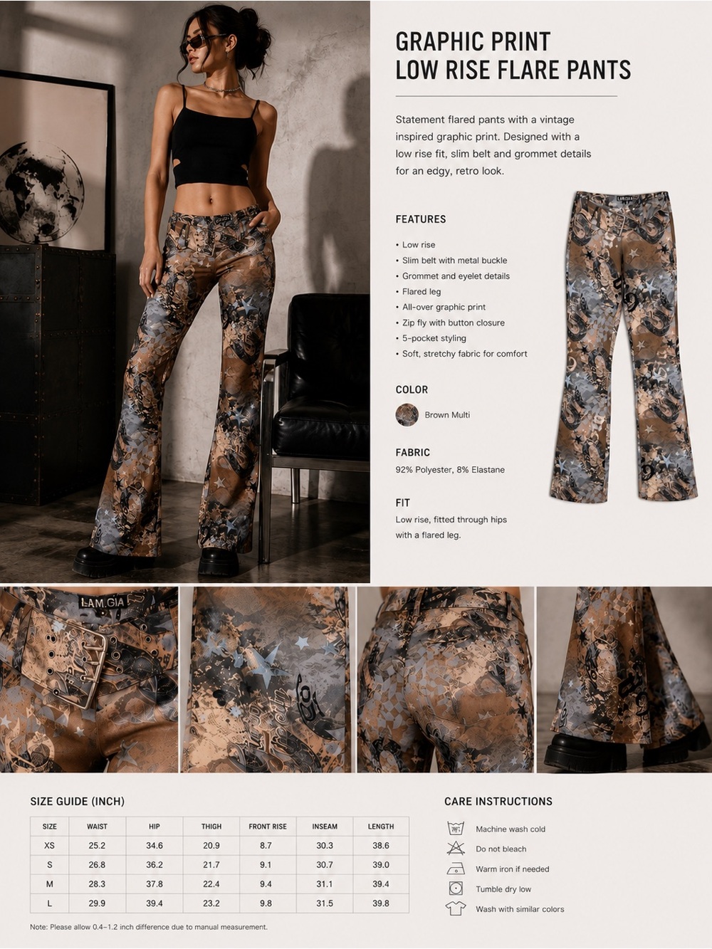 I.AM.GIA Y2K Graphic Print Low Rise Flare Pants w/ Statement Belt Size S